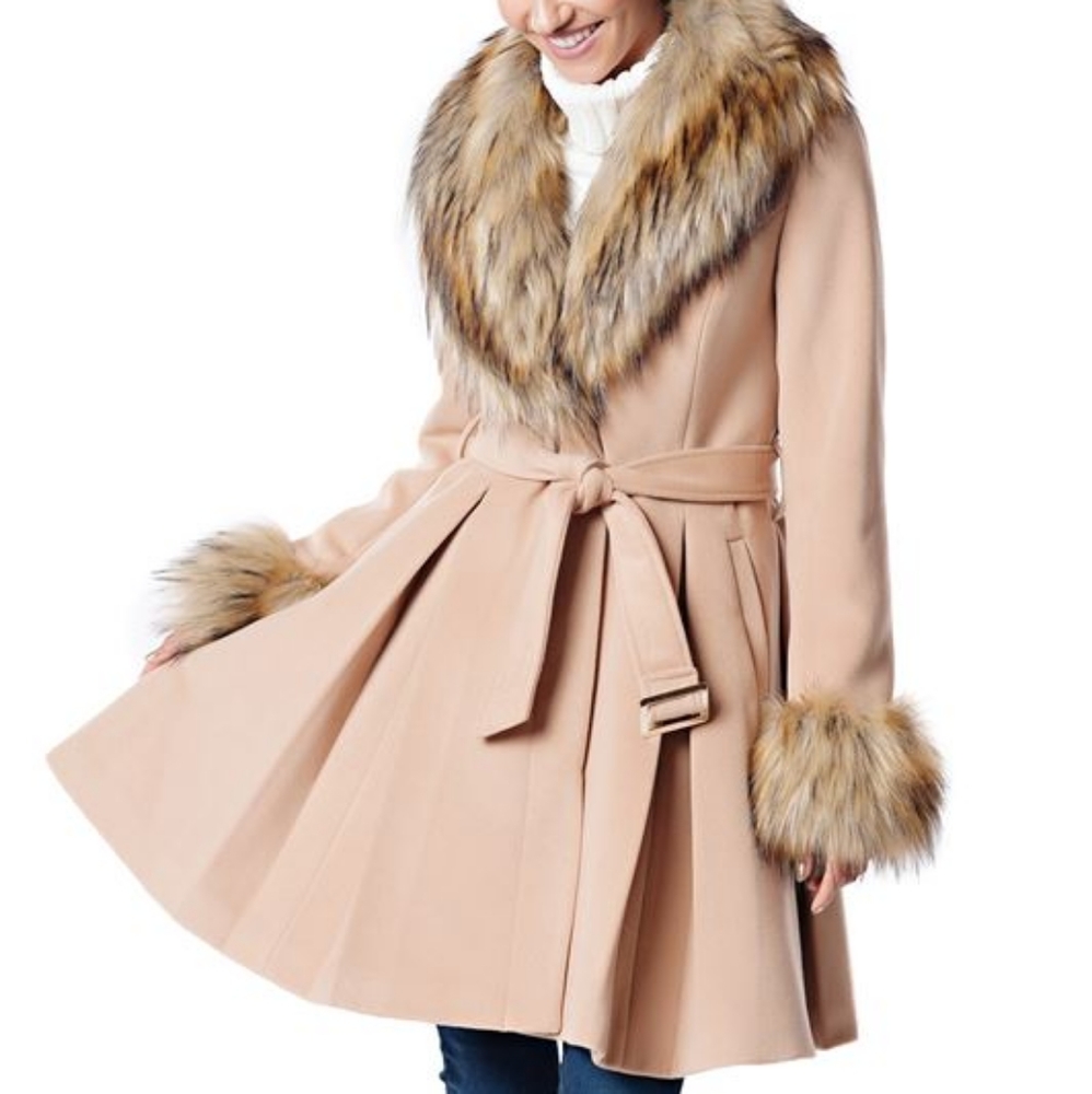 Fabulous Furs Tan Pea Coat with Faux Fur Trim